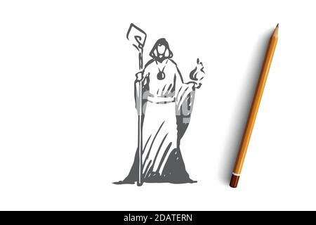 Zauberer, Zauberer, Zauberer, Heiler, psychisches Konzept. Von Hand gezeichneter isolierter Vektor. Stock Vektor