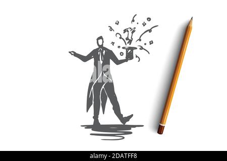 Zauberer, Mann, Trick, Hut, Show-Konzept. Von Hand gezeichneter isolierter Vektor. Stock Vektor