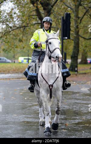 Metropolitan Police Mounted Branch Officer in the Rain, Buckingham Gate, London, Vereinigtes Königreich Stockfoto