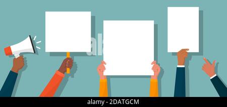 Menschen mit leeren Schildern und einem Megaphon: Werbe- und Kommunikationskonzept Stock Vektor