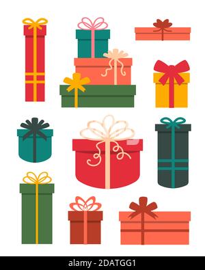 Set aus verschiedenen Geschenkboxen mit Schleifen. Flache Vektor-Illustration Stock Vektor