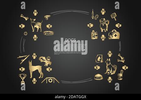 Hunde - verschiedene Hunderassen mit Futter, Knochen, Kragen, Fußabdrücke, Schüssel, Tierarzt Objekte Vektor-Konzept-Set Stock Vektor