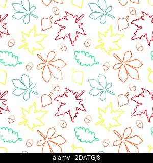 Modernes Nahtloses Muster mit neonfarbenen Herbstblättern, gezeichnete bunte Umrisse. Vektor-Illustration für Geschenkpapier, Textil Stock Vektor