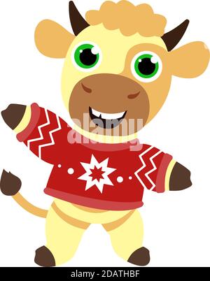 Symbol von 2021 Kalb in einem neuen Jahr Pullover. Flache Vektor-Illustration isoliert auf weißem Hintergrund Stock Vektor
