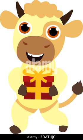 Kalb mit einem Geschenk, ein Symbol des neuen Jahres 2021. Flache Vektor-Illustration Stock Vektor