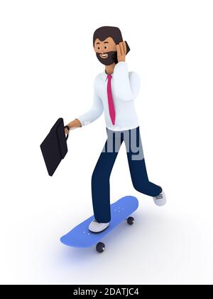 Netter Geschäftsmann mit dem Koffer auf dem Skateboard. Der Mensch Emotionen im Arbeitsprozess, verschiedene Aktionen und Aktivitäten, Geschäftskonzept. 3d-Rendering i Stockfoto