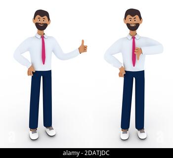 Bärtiger Mann steht und zeigt Daumen nach oben und unten. Mag und mag Gebärdengeste nicht. 3d-Renderdarstellung Stockfoto