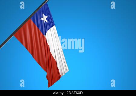 3D-Darstellung der Nationalflagge der Tschechischen Republik auf einem gegen den blauen Himmel flatternden Metallfahnenmast.Ländersymbol. Stockfoto
