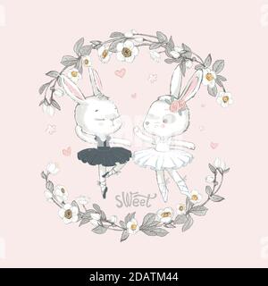 Illustration von zwei grau-weiß tanzenden Ballerina bunnyes. Kleine Kaninchen Mädchen tanzen. Kranz mit schönen Blumen im Hintergrund. Stock Vektor