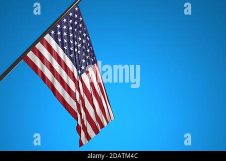 3D-Darstellung der Nationalflagge der USA auf einem gegen den blauen Himmel flatternden Metallfahnenmast.Ländersymbol. Stockfoto
