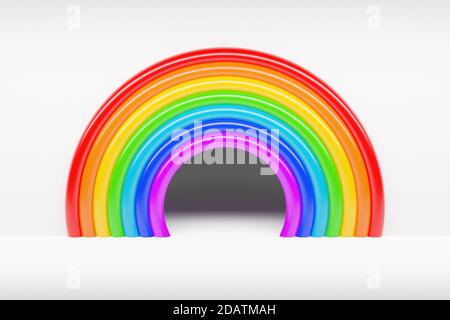 3d-Darstellung eines Regenbogenrundbogens auf weißem Hintergrund. Portal von langen aufblasbaren bunten Kugeln in das magische Land Stockfoto