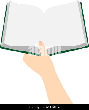Hand hält leeres Buch zum Lesen offen. Handbuch Lesen Vektor Illustration Stock Vektor