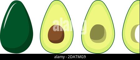 Avocado ganze und geschnittene Scheiben. Flache Vektorgrafik isoliert auf weißem Hintergrund Stock Vektor