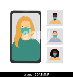 Frau auf dem Bildschirm in einer medizinischen Maske, Video-Kommunikation mit einem Arzt oder Selfie. Flache Vektor-Illustration Stock Vektor