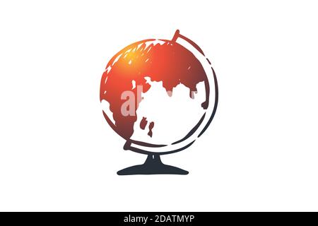 Geographie, Karte, Erde, Planet, Kugelkonzept. Von Hand gezeichneter isolierter Vektor. Stock Vektor