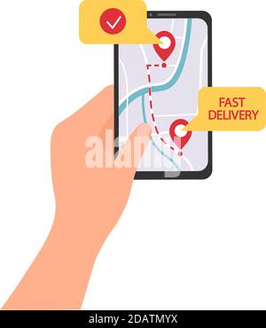 Hand hält mobile Smartphone offene App. Schnelle Lieferung, Versand Stock Vektor