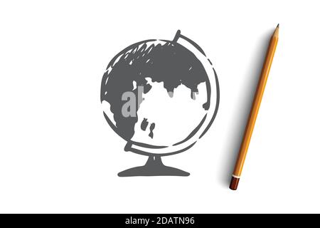 Geographie, Karte, Erde, Planet, Kugelkonzept. Von Hand gezeichneter isolierter Vektor. Stock Vektor