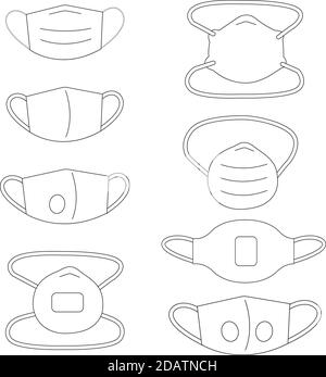 Arten von medizinischen Einwegmasken und Atemschutzmasken skizzieren Stock Vektor