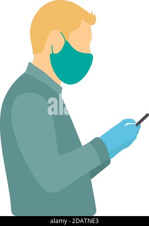 Blonde Mann mit einem Smartphone in den Händen in einer medizinischen Maske und Handschuhe Seitenansicht. Flache Vektor-Illustration Stock Vektor