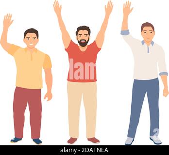 Gruppe von Männern mit ihren Händen nach oben Abstimmung. Freiwilligenarbeit. Handgezeichnete Vektorgrafik Stock Vektor