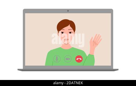 Mann, der eine Videoanrufschnittstelle verwendet. Arbeiten von zu Hause aus, Remote-Online-Meeting. Quarantäne und soziale Distanzierung. Vektor. Stock Vektor