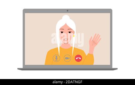 Lächelnde Frau, die eine Videoanrufschnittstelle verwendet. Arbeiten von zu Hause aus, Remote-Online-Meeting. Quarantäne und soziale Distanzierung. Vektorgrafik. Stock Vektor