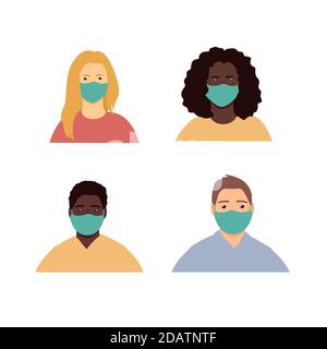 Porträts von schwarzen und weißen Menschen in medizinischen Masken, flache Vektor-Illustration Stock Vektor