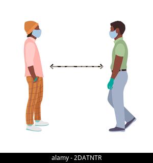 Soziale Distanz zwei schwarze afroamerikanische Männer mit medizinischen Masken und Handschuhen stehen vor einer vollen Höhe. Flache Vektor-Illustration Stock Vektor