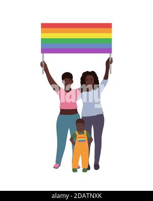 Zwei schwarze LGBT-Familienfrauen und ein Baby mit Regenbogenfahne über dem Kopf. Happy Pride Monat. vektor-Illustration Stock Vektor