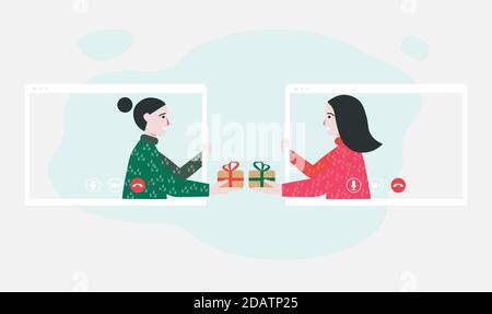Menschen feiern und geben Geschenke das neue Jahr oder Weihnachten online. Virtuelles Treffen mit Freunden. Neue Realität, zu Hause bleiben. Flache Vektorgrafik Stock Vektor