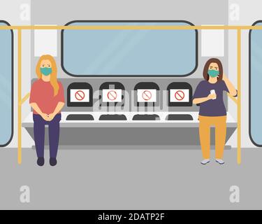 Menschen in medizinischen Masken sitzen in der U-Bahn in sicherer Entfernung, das Konzept der sozialen Distanz. Flache Vektor-Illustration Stock Vektor