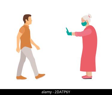 Ältere Frau mit Maske und medizinischen Handschuhen warnt Mann gegenüber ihm Abstand zu halten. Flache Vektor-Illustration Stock Vektor