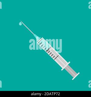 Medizinische Spritze mit einem Tropfen Impfstoff auf blauem Hintergrund. vektor-Illustration Stock Vektor