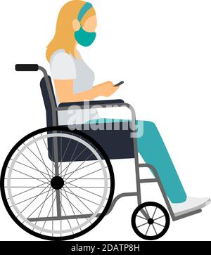 Seitenansicht einer jungen Frau auf einem Rollstuhl in einer medizinischen Maske mit einem Smartphone in den Händen. Vektorgrafik Stock Vektor