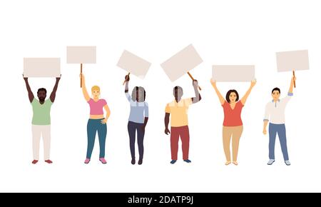 Schwarz und weiß, Männer und Frauen halten leere Plakate in den Händen, Aktivisten. vektor-Illustration Stock Vektor
