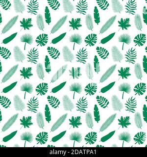 Nahtloses Muster tropischer Silhouetten von Palmblättern. Monstera, Kokosnuss, Banane, Mango, chamaedorea. Vektorgrafik auf weißem Hintergrund Stock Vektor