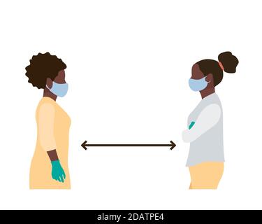 Soziale Distanz zwei schwarze afroamerikanische Frauen mit medizinischen Masken und Handschuhen stehen vor einander. Flache Vektordarstellung Stock Vektor