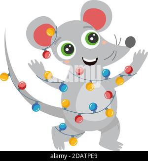 Weihnachten niedlich Maus tanzen, lächelnd, in einer Girlande von Glühbirnen, mit großen Augen. Flache Cartoon-Vektor-Illustration. Stock Vektor