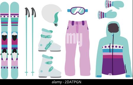 Kind Ski Ausrüstung Kit Kleidung Vektor Illustration auf transparentem Hintergrund. Extremer Wintersport. Skier und Skistöcke einstellen. Stock Vektor