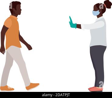 Afroamerikaner Frau mit Maske und medizinischen Handschuhen warnt Mann gegenüber ihm Abstand zu halten. Flache Vektor-Illustration Stock Vektor