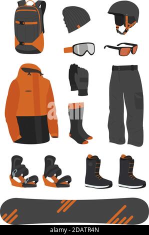 Snowboardausrüstung. Bekleidung, Schuhe und Accessoires eines Snowboarders. Extremsport. Symbole für Winteraktivitäten Stock Vektor