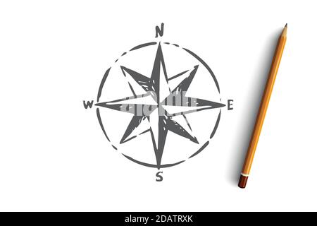 Windrose, Navigation, Kompass, Richtungskonzept. Von Hand gezeichneter isolierter Vektor. Stock Vektor
