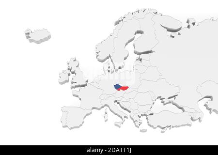 3D Europa Karte mit markierten Grenzen - Bereich der Tschechischen Republik mit der Flagge der Tschechischen Republik markiert - isoliert auf weiß Hintergrund mit Platz für Text - 3D ill Stockfoto