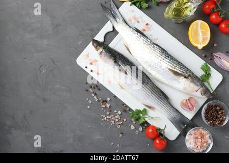 Rohe Fischbarsche mit Zutaten und Gewürzen auf weißem Kunststoffbrett auf dunklem Hintergrund mit Platz für Text. Draufsicht Stockfoto
