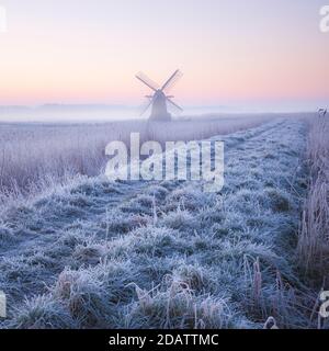 Herringfleet Kittel Mühle im Nebel an einem Wintermorgen. Stockfoto