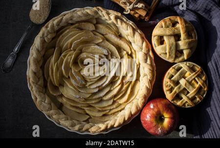 Verschiedene Gebäckstücke mit Äpfeln. Draufsicht Foto von süßen Kuchen auf grauem Hintergrund. Ideen für Weihnachtsmenüs. Stockfoto