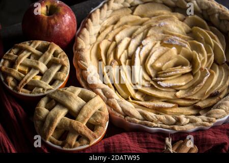 Verschiedene Gebäckstücke mit Äpfeln. Draufsicht Foto von süßen Kuchen auf grauem Hintergrund. Ideen für Weihnachtsmenüs. Stockfoto