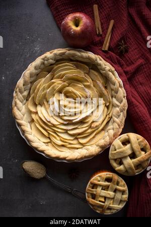 Apfelkuchen. Desserttörtchen auf einem Tisch. Foto von oben mit verschiedenen Apfelkuchen, Kuchen und Torten, frischen Pflaumen, Äpfeln und Kürbissen. Herbstmenü-Ideen. Stockfoto