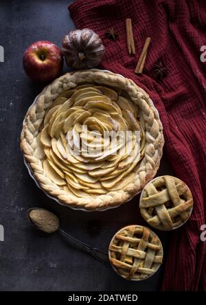 Apfelkuchen. Desserttörtchen auf einem Tisch. Foto von oben mit verschiedenen Apfelkuchen, Kuchen und Torten, frischen Pflaumen, Äpfeln und Kürbissen. Herbstmenü-Ideen. Stockfoto