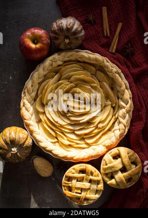 Apfelkuchen verschiedener Art auf einem Tisch mit frischem Obst, Zimtstangen und Kürbissen. Herbstmenü-Ideen. Hausgemachte Dessert Nahaufnahme Foto. Stockfoto